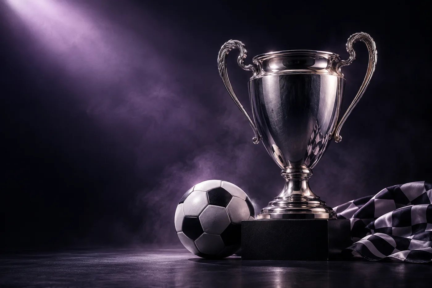 Trophée argenté, ballon de football et drapeau à damier sous une lumière violette